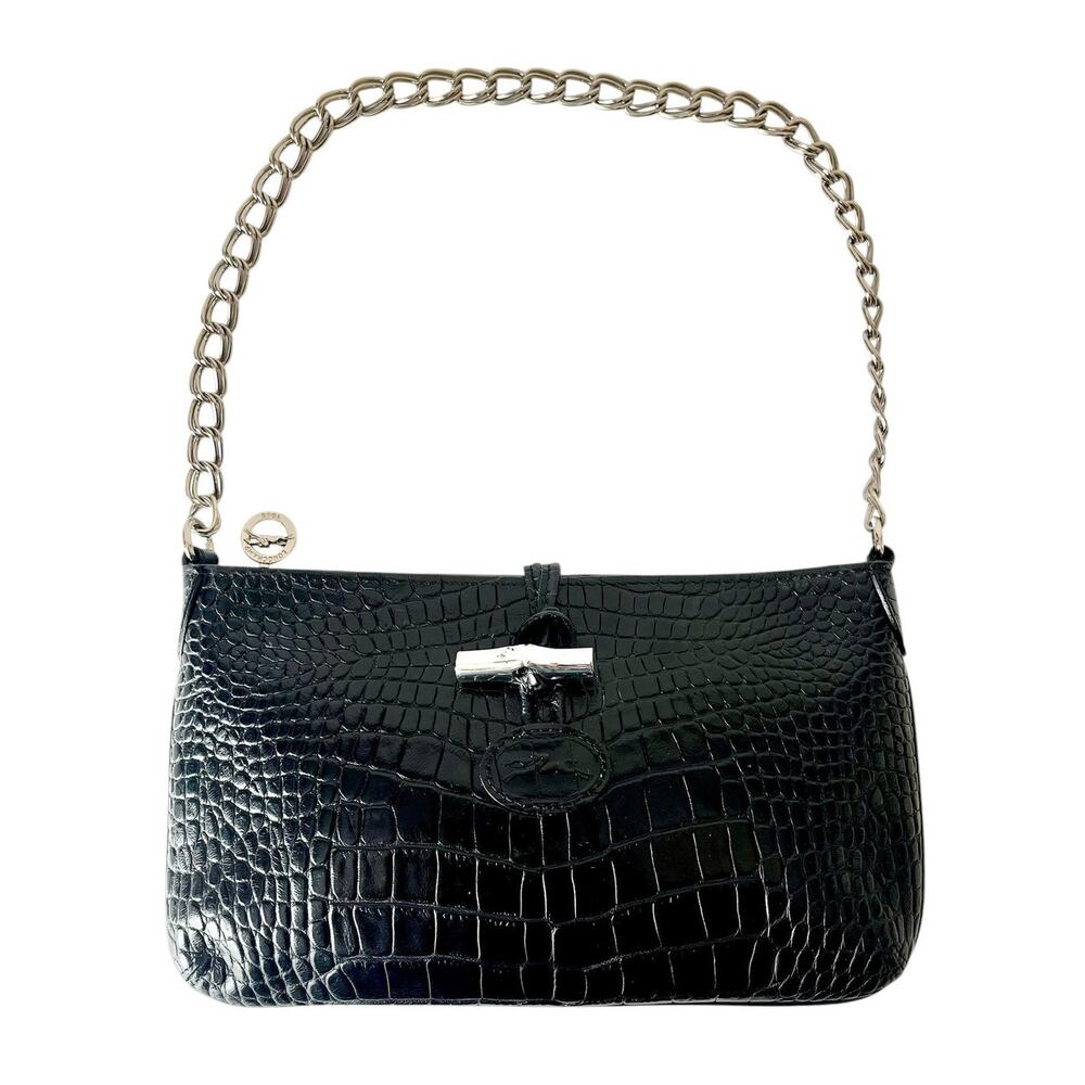 Longchamp Croc Embossed Leather Roseau Shoulder Bag Black Vintage Y2K